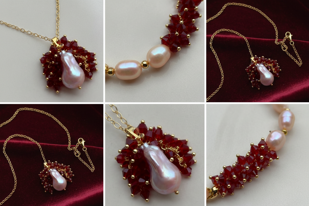 Parure Ruby & Perles – Collier, bracelet et boucles d’oreilles en perles précieuses