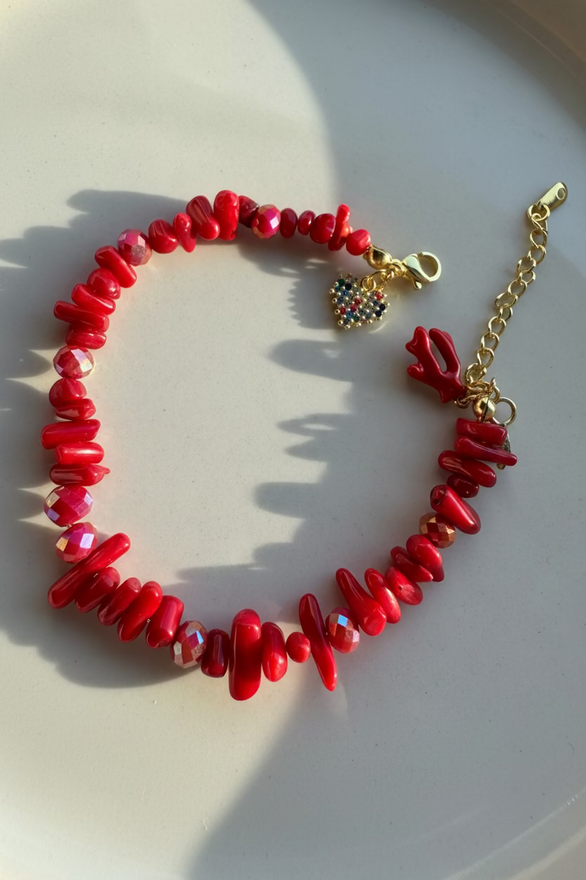 Bracelet Rouge Corail avec Motifs  Coquillages et Coeur – Charme Estival et Romantique