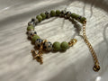 Bracelet Libellule en Pierre Jaspe Dalmatien & Perles Vert Olive – Élégance Naturelle
